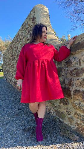 Kate Bush Red, Long Sleeve Linen Frock SIZE 18