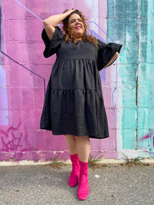 Tiered Black Linen Frock